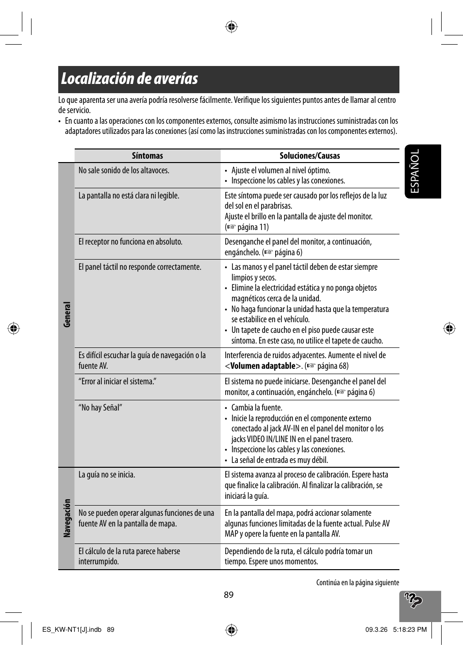 Localizacion de averias, Localización de averías, Esp añol | JVC KW-NT1 User Manual | Page 187 / 293