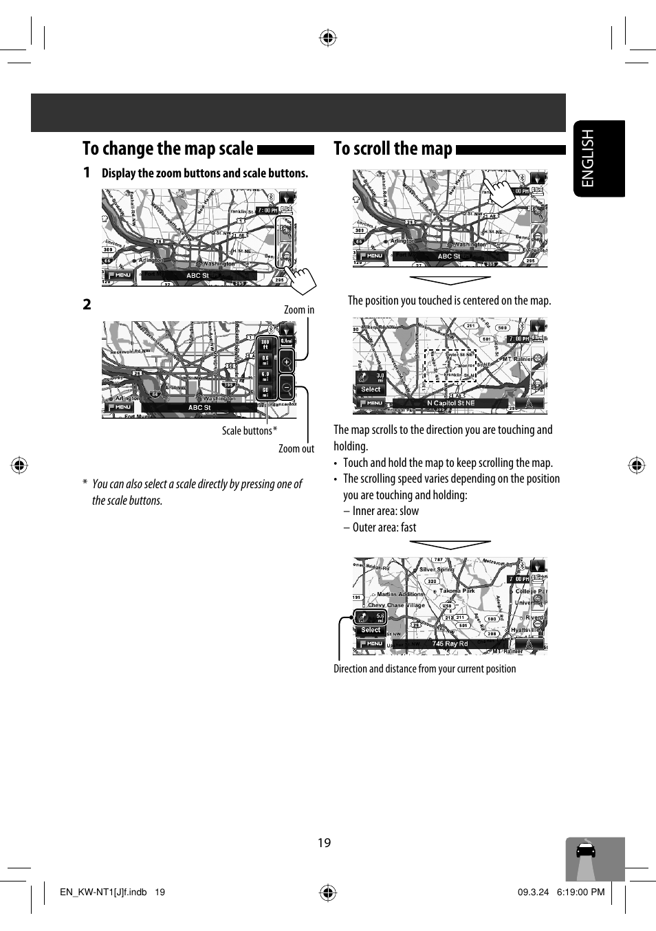 To change the map scale, To scroll the map, English | JVC KW-NT1 User Manual | Page 19 / 293