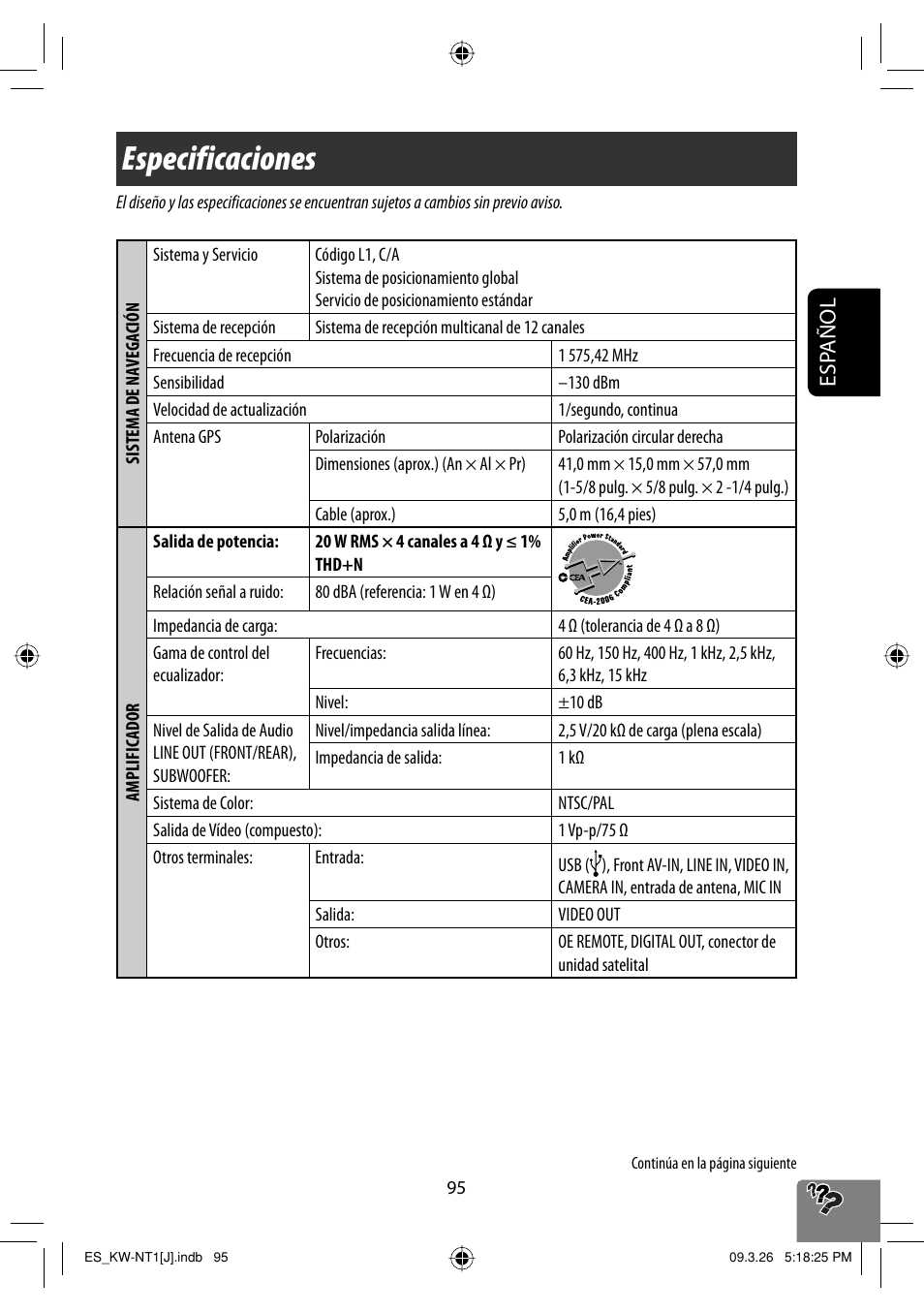 Especificaciones, Esp añol | JVC KW-NT1 User Manual | Page 193 / 293