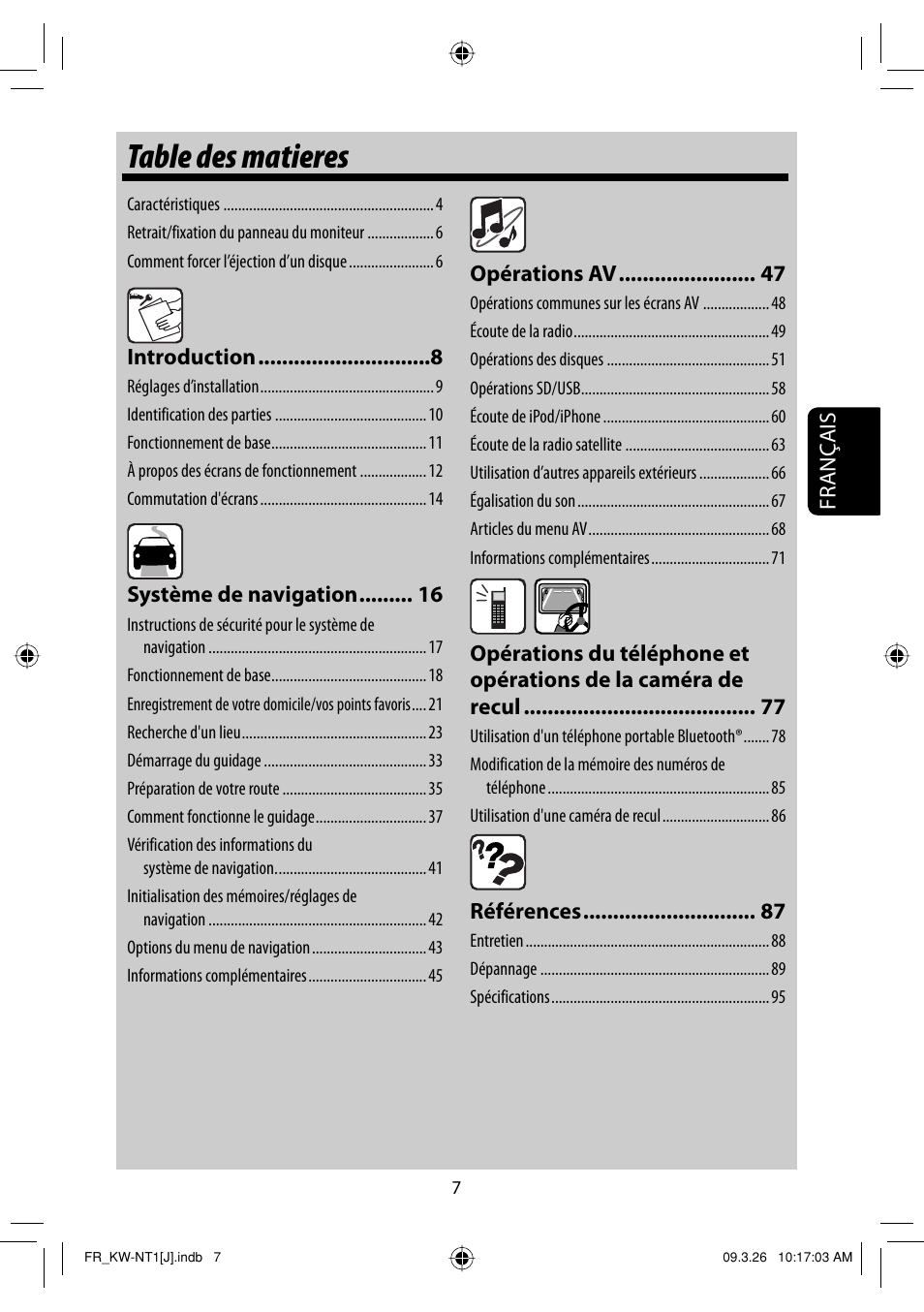 Table des matieres, Français, Opérations av | Références, Introduction, Système de navigation | JVC KW-NT1 User Manual | Page 201 / 293