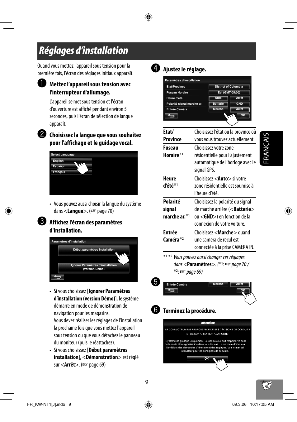 Reglages d’installation, Réglages d’installation, Français | Affichez l'écran des paramètres d'installation, Ajustez le réglage, Terminez la procédure | JVC KW-NT1 User Manual | Page 203 / 293
