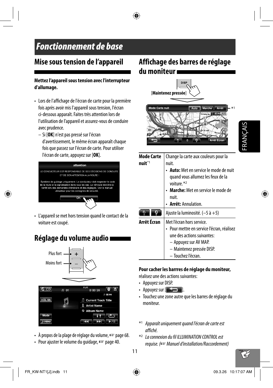 Fonctionnement de base, Mise sous tension de l’appareil, Reglage du volume audio | Affichage des barres de reglage du moniteur, Réglage du volume audio, Affichage des barres de réglage du moniteur, Français | JVC KW-NT1 User Manual | Page 205 / 293