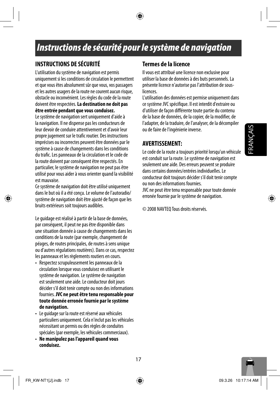 Français, Instructions de sécurité, Termes de la licence | Avertissement | JVC KW-NT1 User Manual | Page 211 / 293