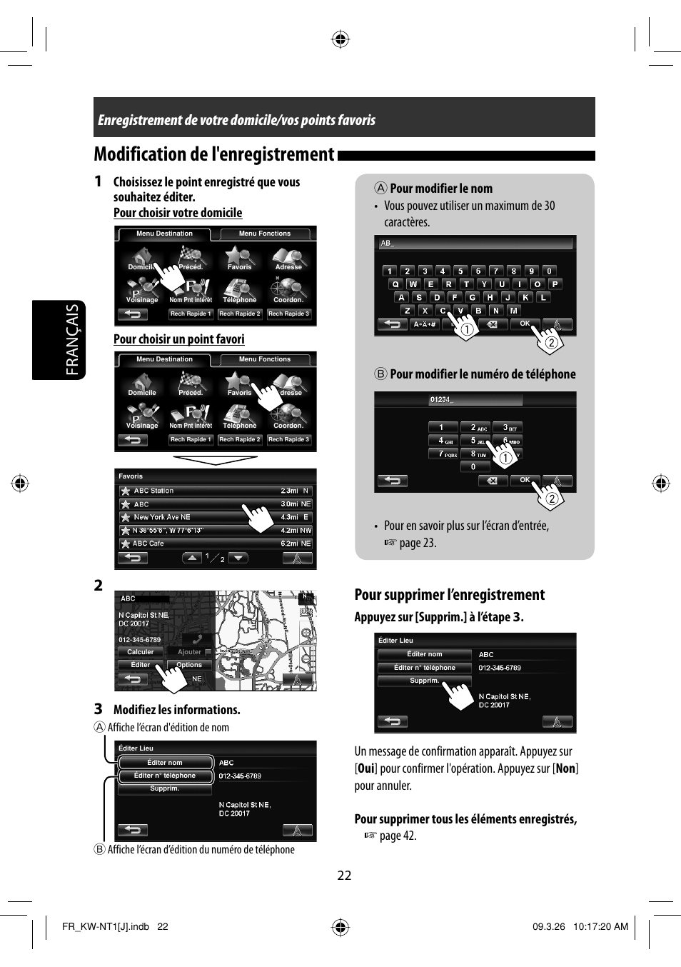 Modification de l'enregistrement, Français, Pour supprimer l’enregistrement | Modifiez les informations | JVC KW-NT1 User Manual | Page 216 / 293