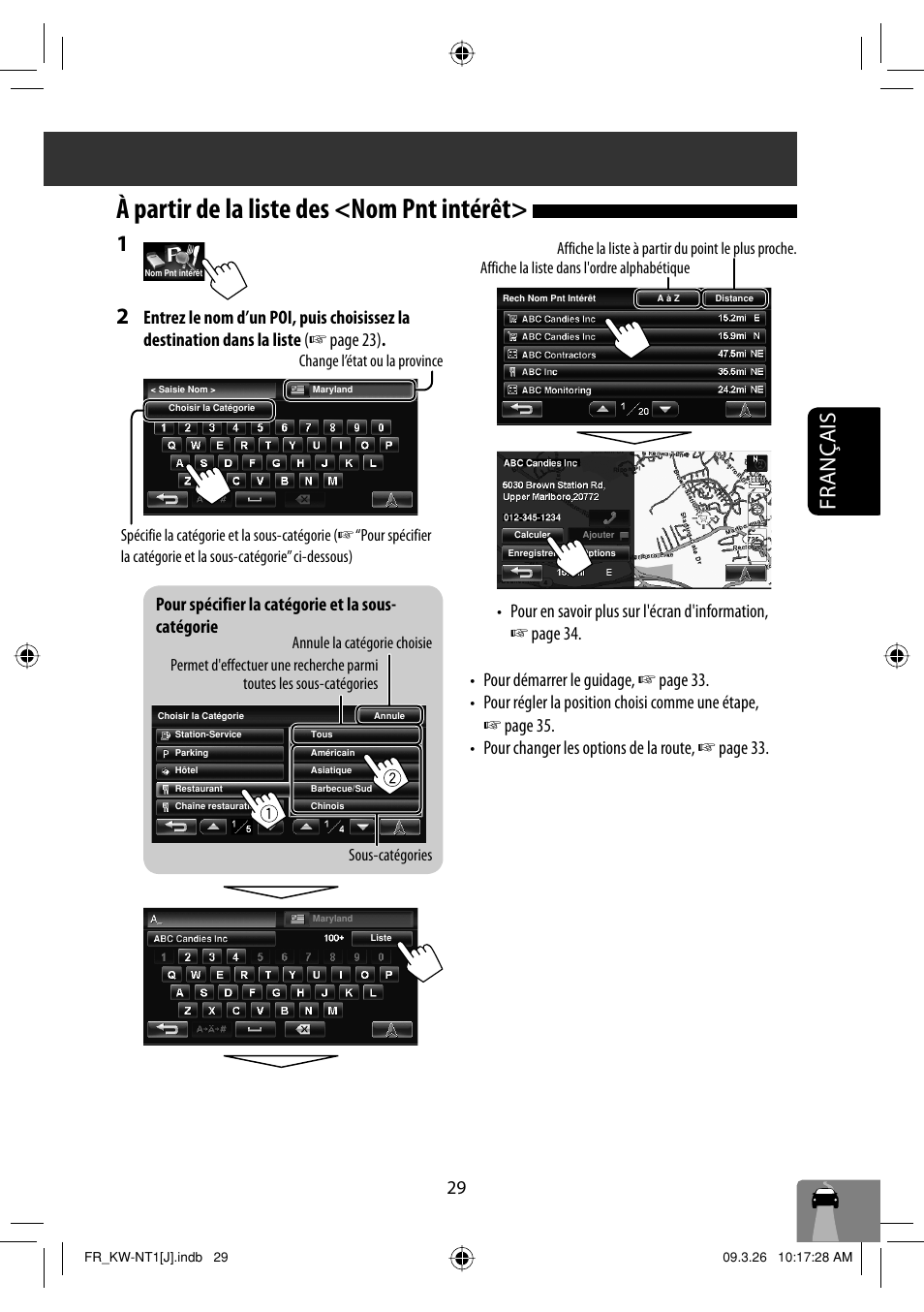 A partir de la liste des <nom pnt interet, À partir de la liste des <nom pnt intérêt, Français 1 | Pour spécifier la catégorie et la sous- catégorie | JVC KW-NT1 User Manual | Page 223 / 293