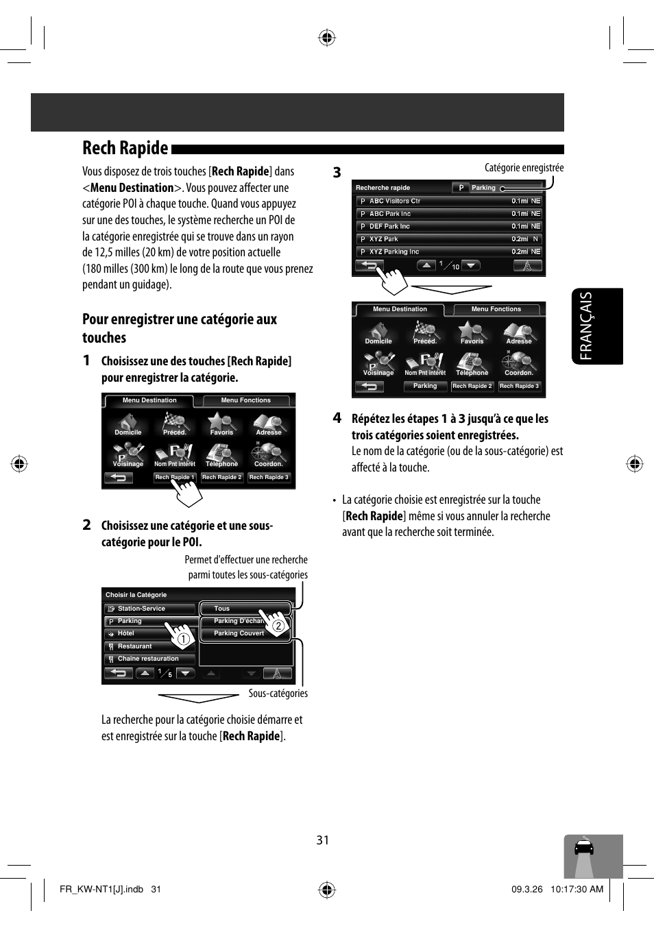 Rech rapide, Français, Pour enregistrer une catégorie aux touches 1 | Catégorie enregistrée | JVC KW-NT1 User Manual | Page 225 / 293