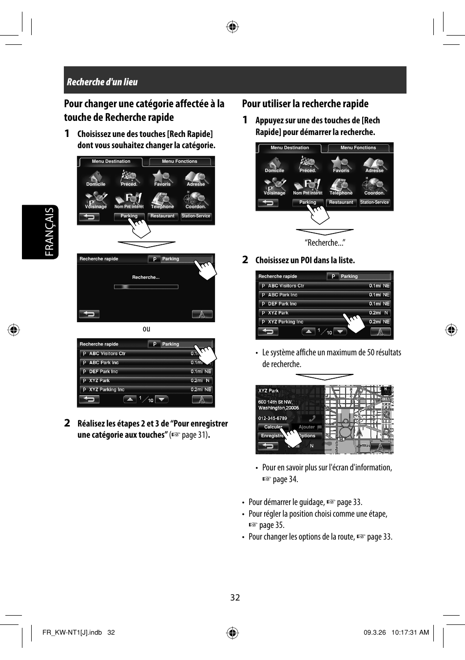 Français, Pour utiliser la recherche rapide 1, Recherche d'un lieu | JVC KW-NT1 User Manual | Page 226 / 293