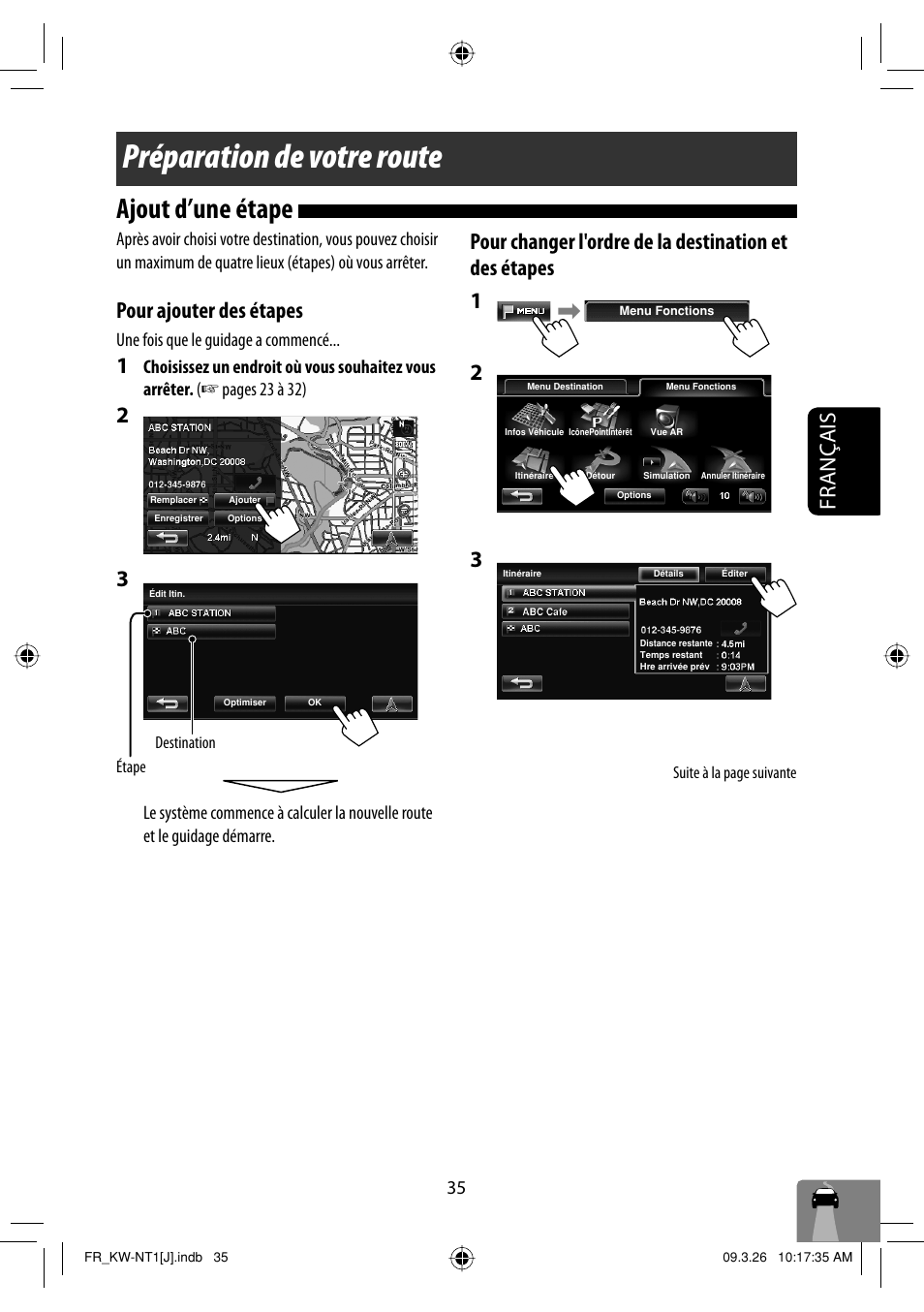 Preparation de votre route, Ajout d’une etape, Préparation de votre route | Ajout d’une étape, Français, Pour ajouter des étapes | JVC KW-NT1 User Manual | Page 229 / 293