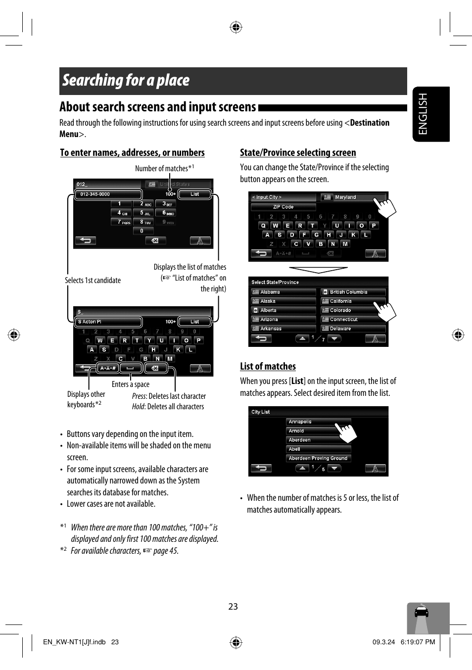 Searching for a place, About search screens and input screens, English | JVC KW-NT1 User Manual | Page 23 / 293