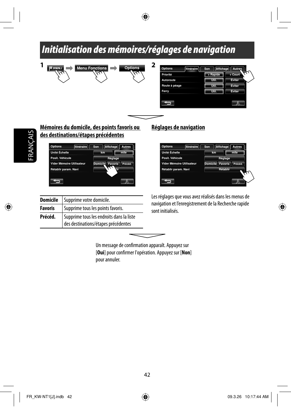 Initialisation des memoires/reglages de navigation, Initialisation des mémoires/réglages de navigation, Français | Réglages de navigation | JVC KW-NT1 User Manual | Page 236 / 293