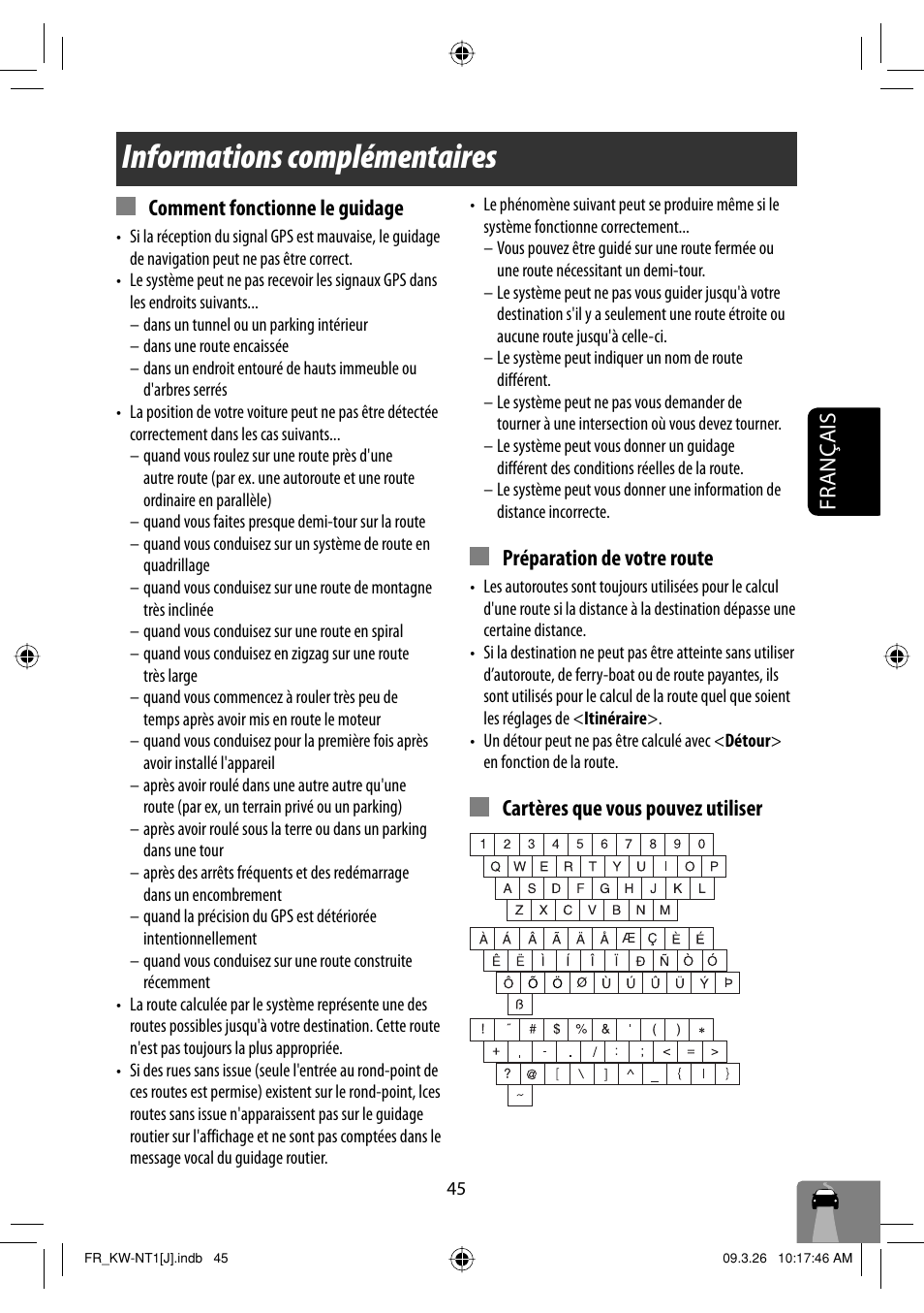 Informations complementaires, Informations complémentaires, Français comment fonctionne le guidage | Préparation de votre route, Cartères que vous pouvez utiliser | JVC KW-NT1 User Manual | Page 239 / 293