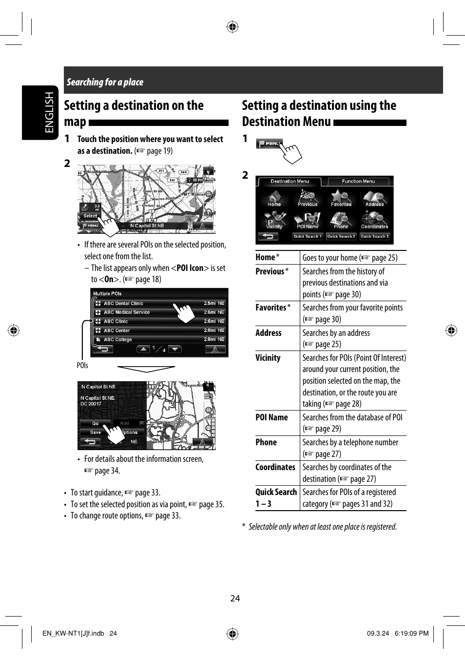 Setting a destination on the map, Setting a destination using the destination menu, English | JVC KW-NT1 User Manual | Page 24 / 293