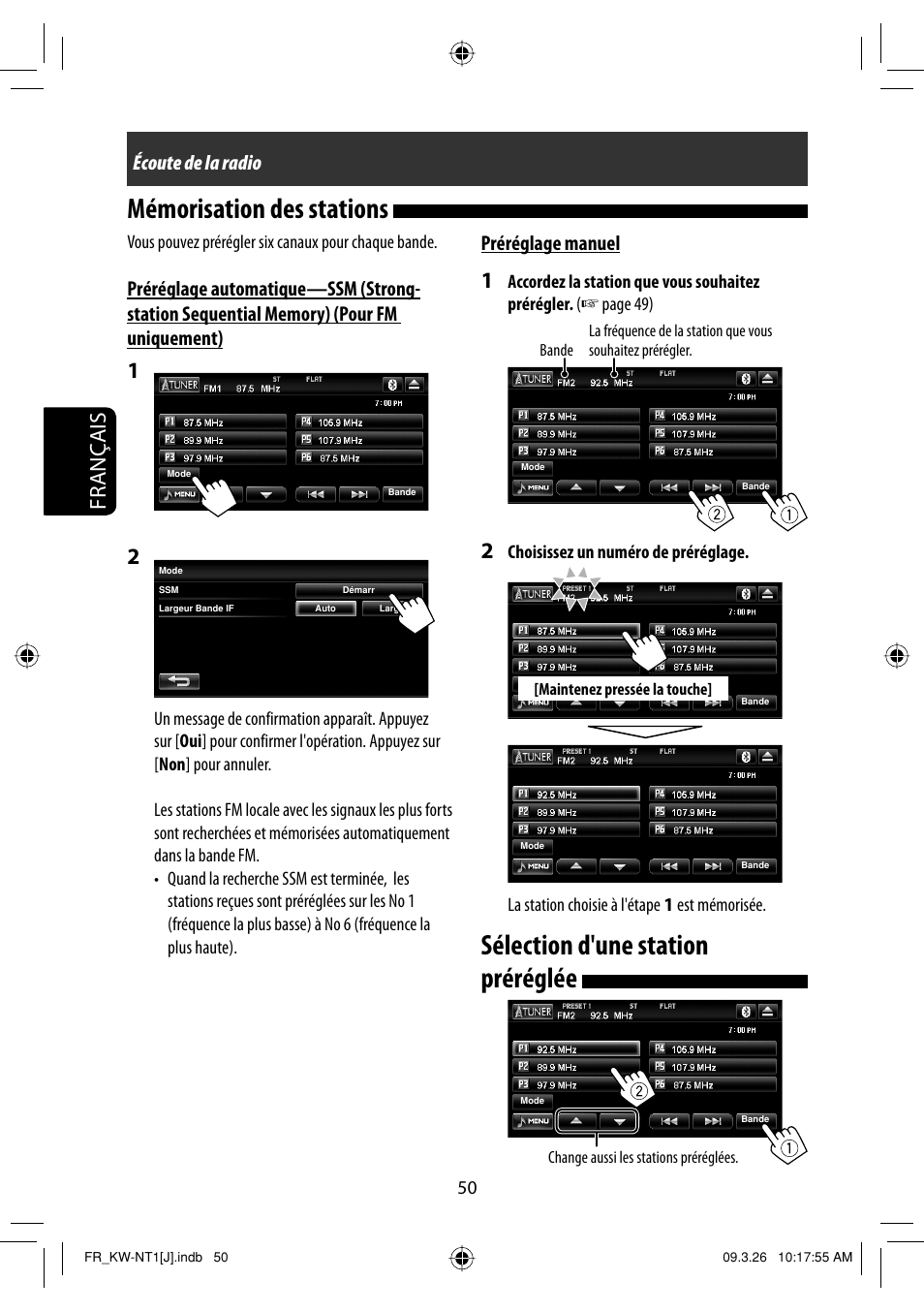 Memorisation des stations, Selection d'une station prereglee, Sélection d'une station préréglée | Mémorisation des stations, Français, Préréglage manuel, Écoute de la radio | JVC KW-NT1 User Manual | Page 244 / 293