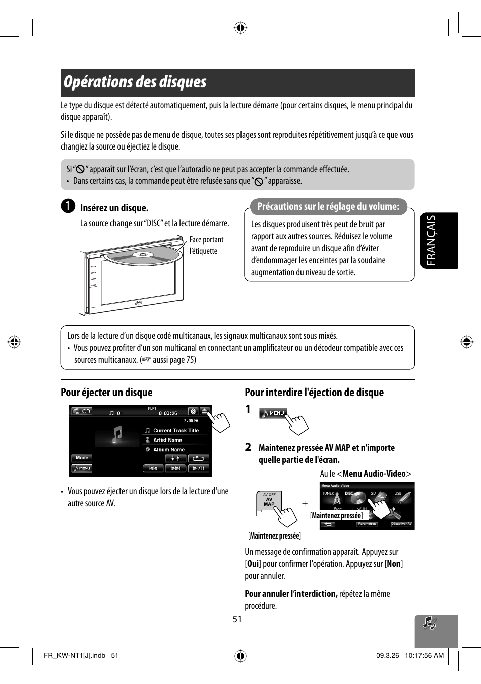 Operations des disques, Opérations des disques, Français | Pour éjecter un disque, Pour interdire l'éjection de disque 1 | JVC KW-NT1 User Manual | Page 245 / 293