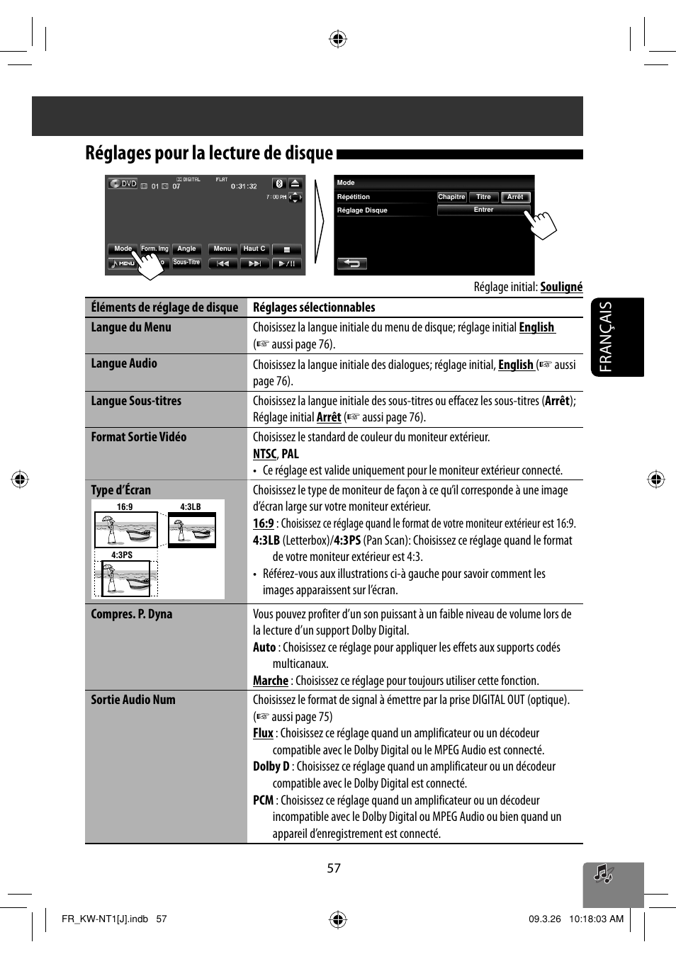 Reglages pour la lecture de disque, Réglages pour la lecture de disque, Français | JVC KW-NT1 User Manual | Page 251 / 293