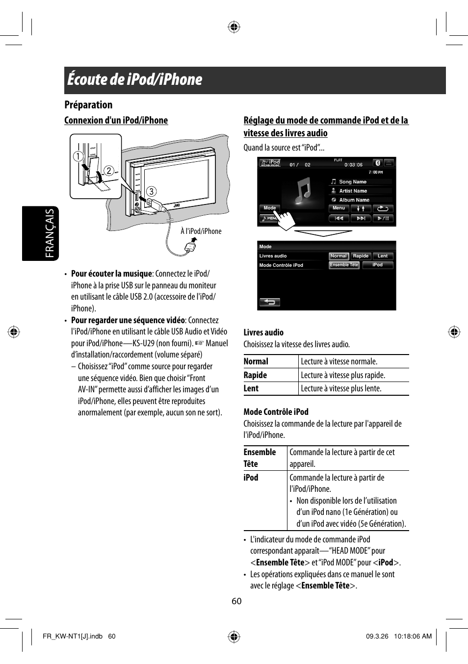 Ecoute de ipod/iphone, Écoute de ipod/iphone, Français | Préparation, Connexion d'un ipod/iphone | JVC KW-NT1 User Manual | Page 254 / 293