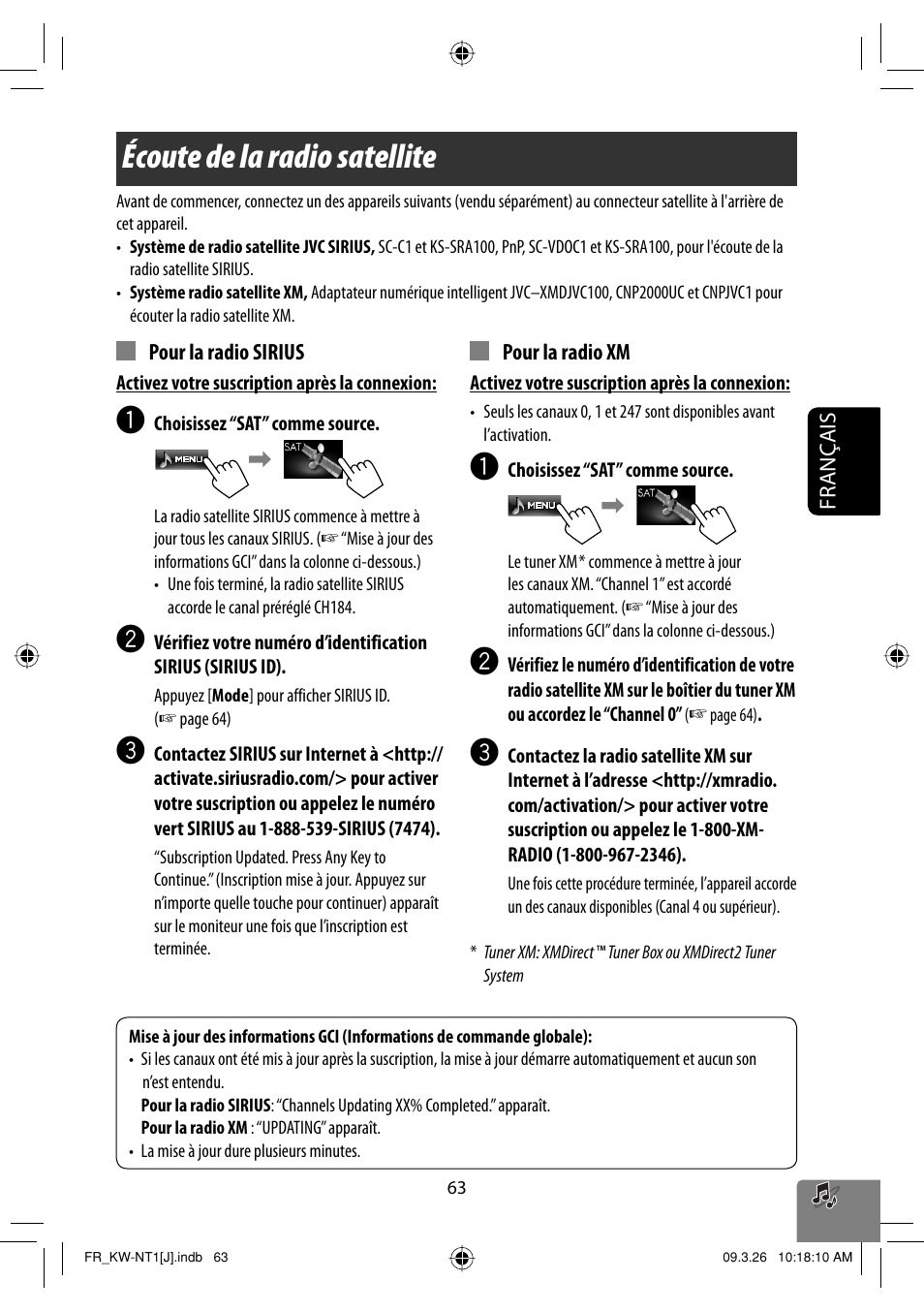 Ecoute de la radio satellite, Écoute de la radio satellite | JVC KW-NT1 User Manual | Page 257 / 293