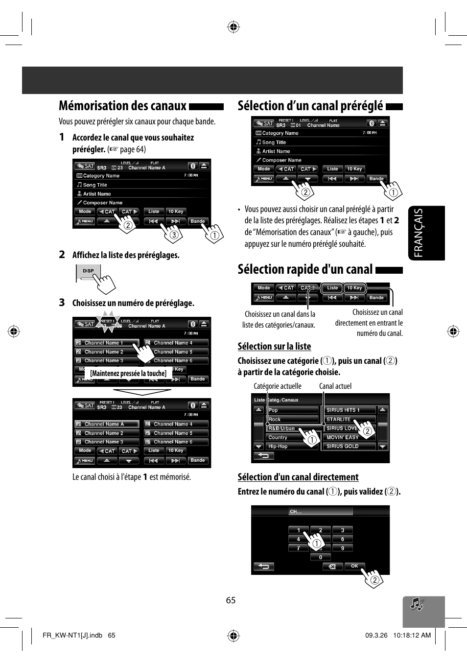 Memorisation des canaux, Selection d’un canal preregle, Selection rapide d'un canal | Mémorisation des canaux, Sélection d’un canal préréglé, Sélection rapide d'un canal, Français, Sélection sur la liste, Sélection d'un canal directement, Vous pouvez prérégler six canaux pour chaque bande | JVC KW-NT1 User Manual | Page 259 / 293