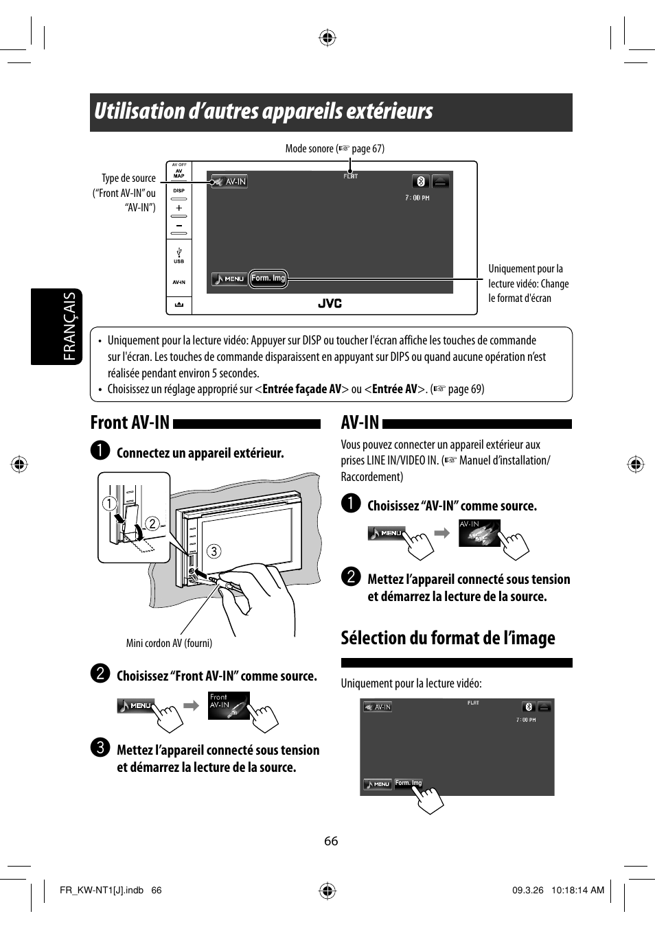 Utilisation d’autres appareils exterieurs, Front av-in, Av-in | Selection du format de l’image, Utilisation d’autres appareils extérieurs, Sélection du format de l’image | JVC KW-NT1 User Manual | Page 260 / 293
