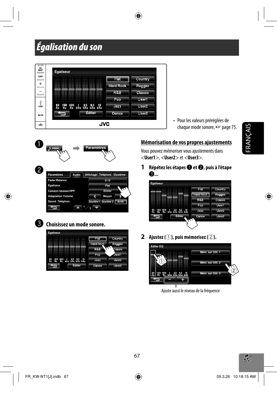 Egalisation du son, Égalisation du son, Français | Choisissez un mode sonore, Mémorisation de vos propres ajustements, Répétez les étapes ~ et ÿ , puis à l’étape | JVC KW-NT1 User Manual | Page 261 / 293