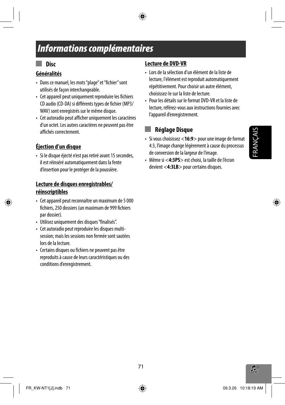 Informations complementaires, Informations complémentaires, Français | Réglage disque, Disc | JVC KW-NT1 User Manual | Page 265 / 293