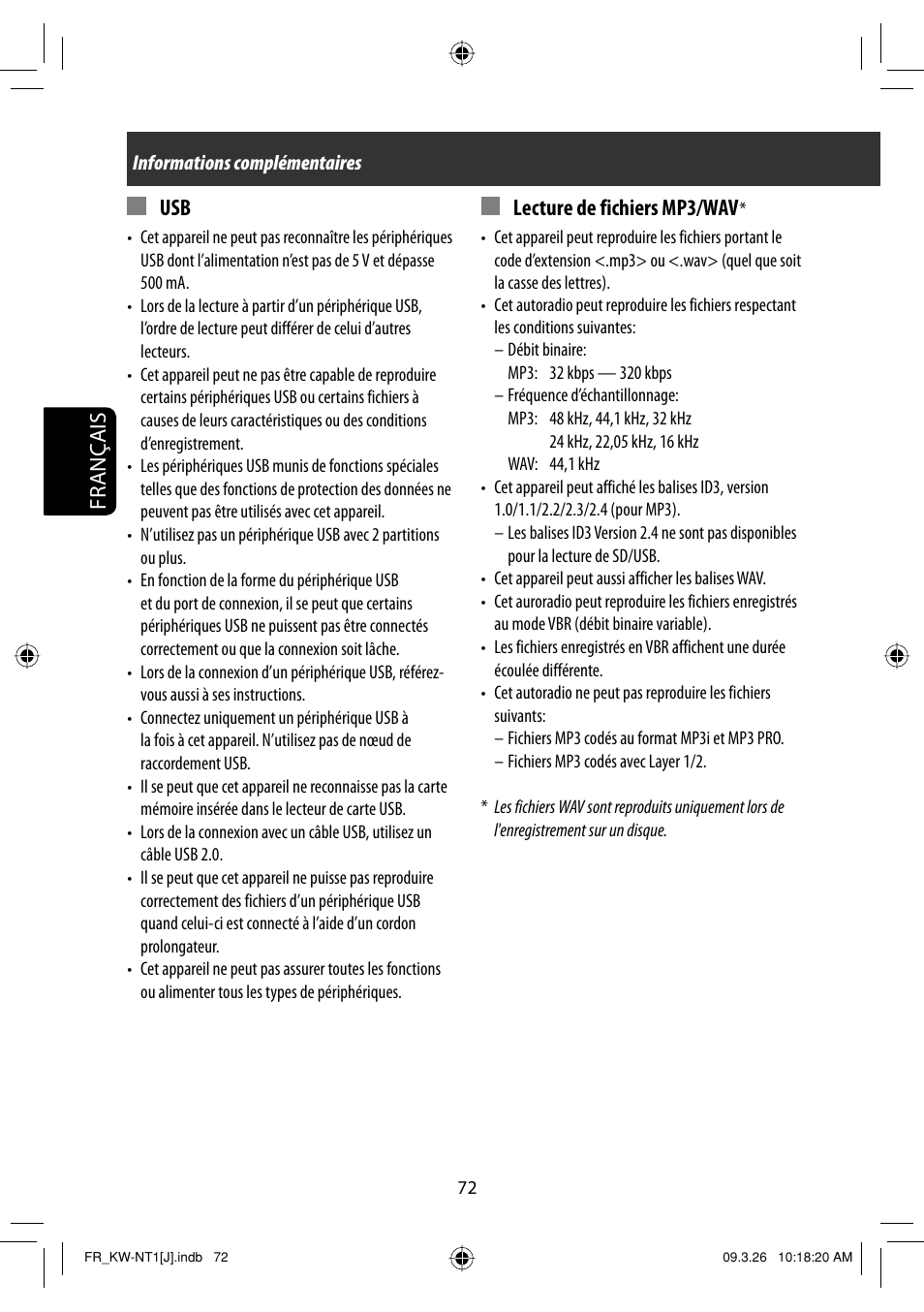 Français, Lecture de fichiers mp3/wav | JVC KW-NT1 User Manual | Page 266 / 293