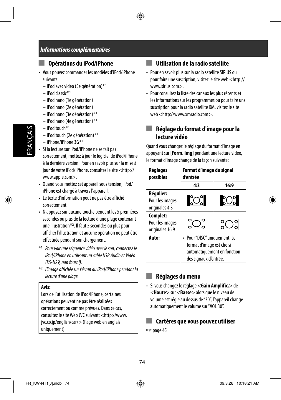 Français, Utilisation de la radio satellite, Réglage du format d'image pour la lecture vidéo | Réglages du menu, Cartères que vous pouvez utiliser, Opérations du ipod/iphone | JVC KW-NT1 User Manual | Page 268 / 293