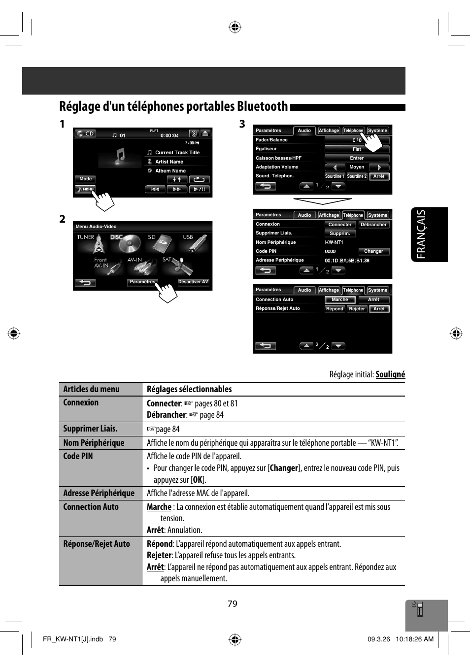 Reglage d'un telephones portables bluetooth, Réglage d'un téléphones portables bluetooth, Français | JVC KW-NT1 User Manual | Page 273 / 293
