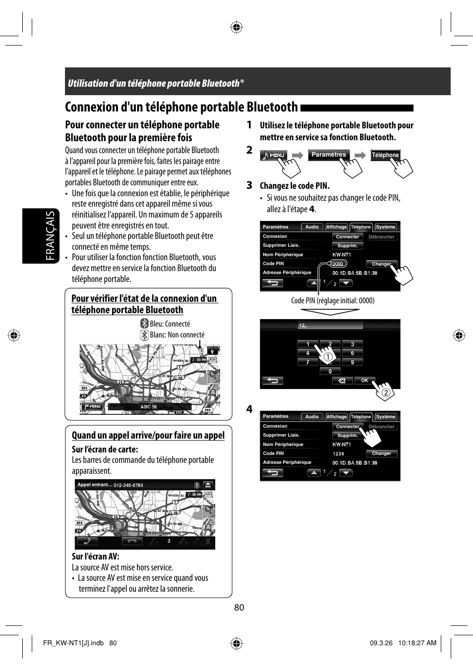 Connexion d'un telephone portable bluetooth, Connexion d'un téléphone portable bluetooth, Français | JVC KW-NT1 User Manual | Page 274 / 293