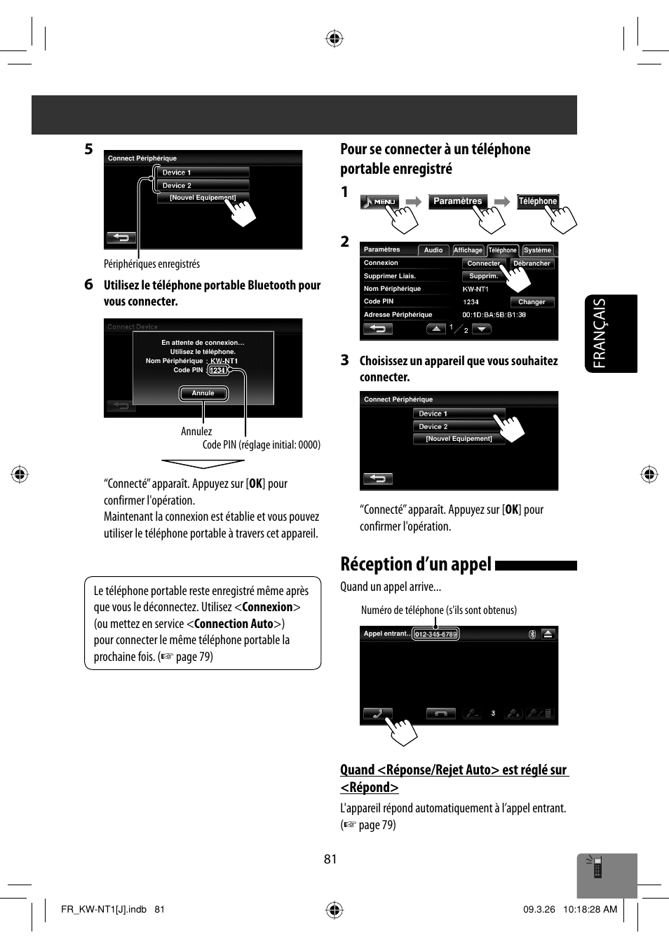 Reception d’un appel, Réception d’un appel, Français | Quand <réponse/rejet auto> est réglé sur <répond, Quand un appel arrive | JVC KW-NT1 User Manual | Page 275 / 293