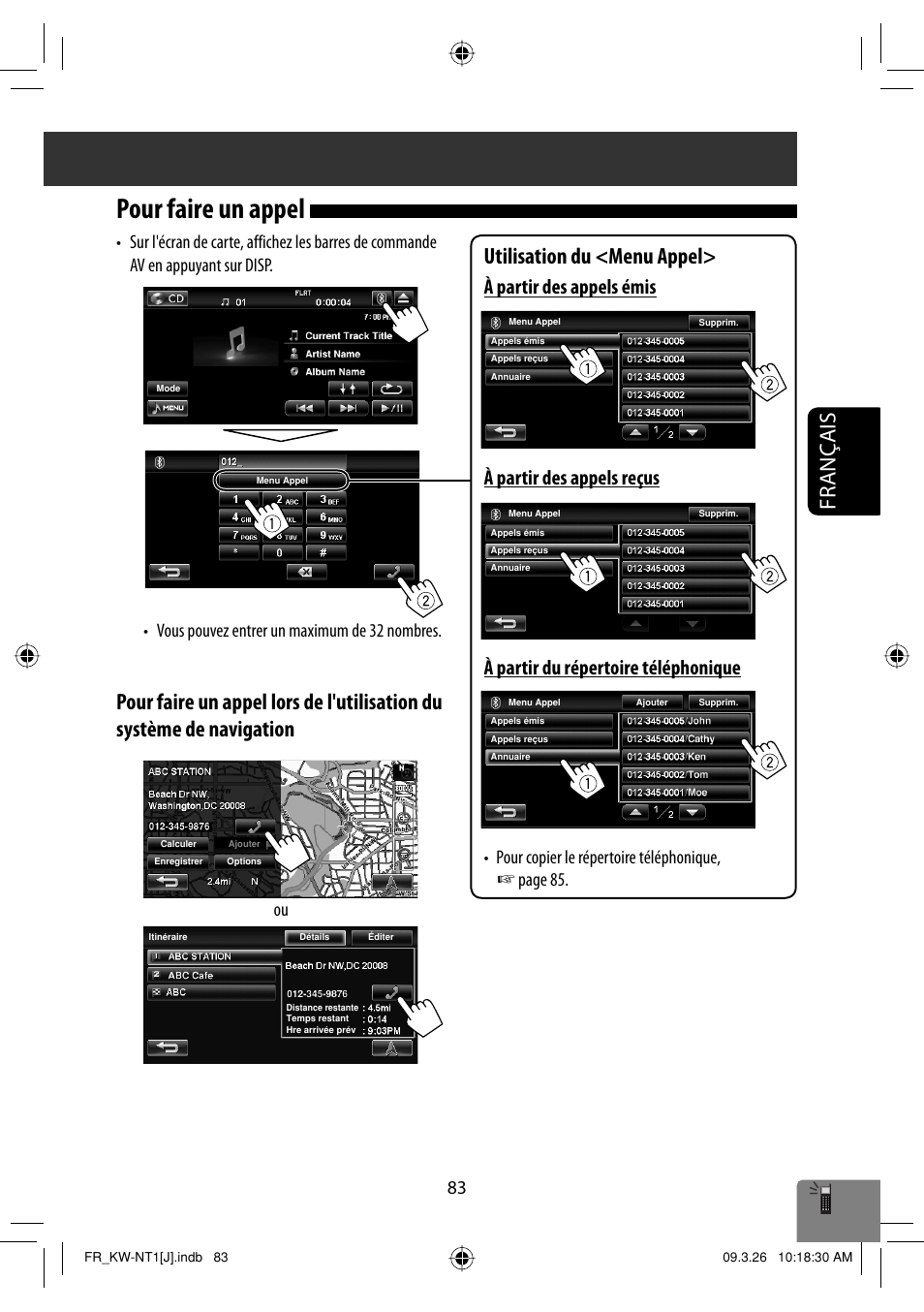 Pour faire un appel, Français, Utilisation du <menu appel | JVC KW-NT1 User Manual | Page 277 / 293