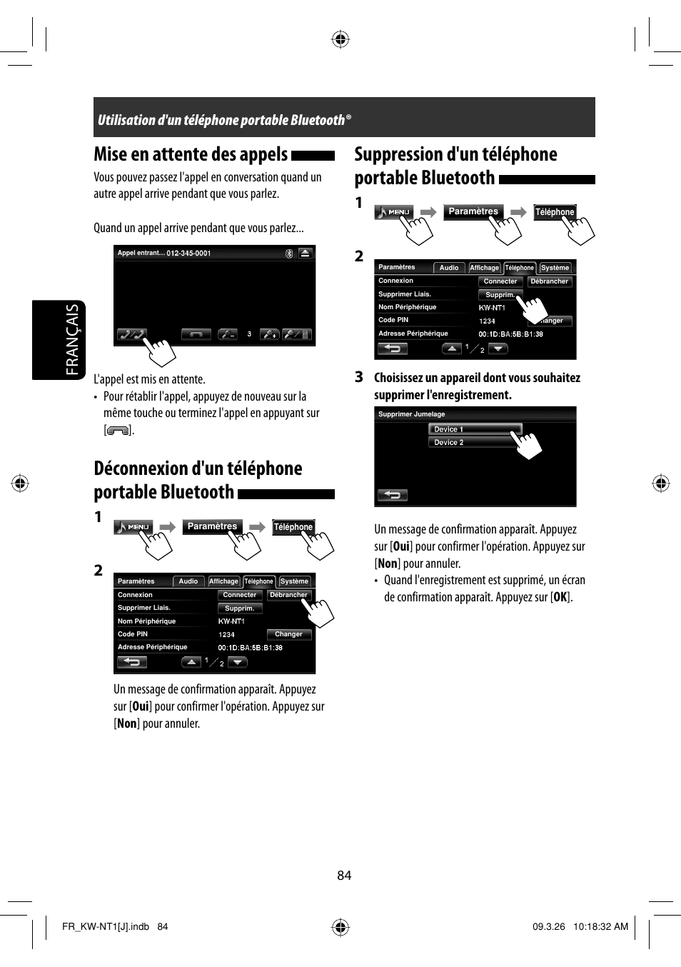 Mise en attente des appels, Deconnexion d'un telephone portable bluetooth, Suppression d'un telephone portable bluetooth | Déconnexion d'un téléphone portable bluetooth, Suppression d'un téléphone portable bluetooth, Français, Utilisation d'un téléphone portable bluetooth | JVC KW-NT1 User Manual | Page 278 / 293