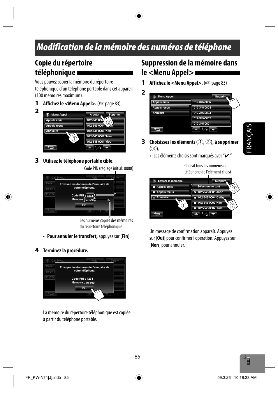 Copie du repertoire telephonique, Suppression de la memoire dans le <menu appel, Copie du répertoire téléphonique | Suppression de la mémoire dans le <menu appel, Français, Affichez le <menu appel>. ( ☞ page 83) | JVC KW-NT1 User Manual | Page 279 / 293