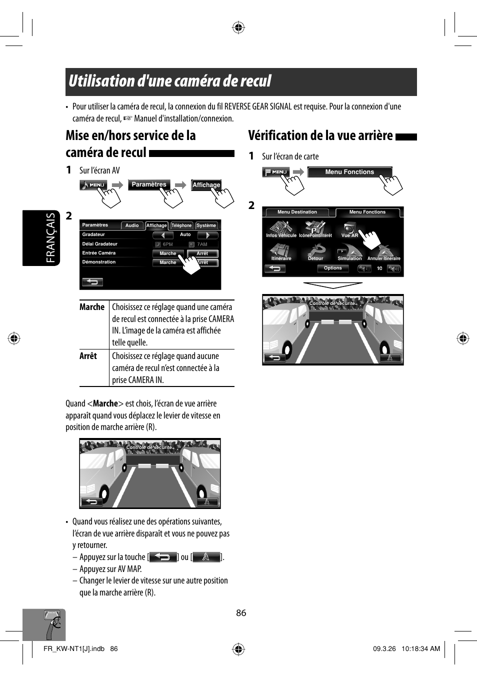 Utilisation d'une camera de recul, Mise en/hors service de la camera de recul, Verification de la vue arriere | Utilisation d'une caméra de recul, Vérification de la vue arrière, Mise en/hors service de la caméra de recul, Français, Sur l’écran de carte, Sur l’écran av | JVC KW-NT1 User Manual | Page 280 / 293