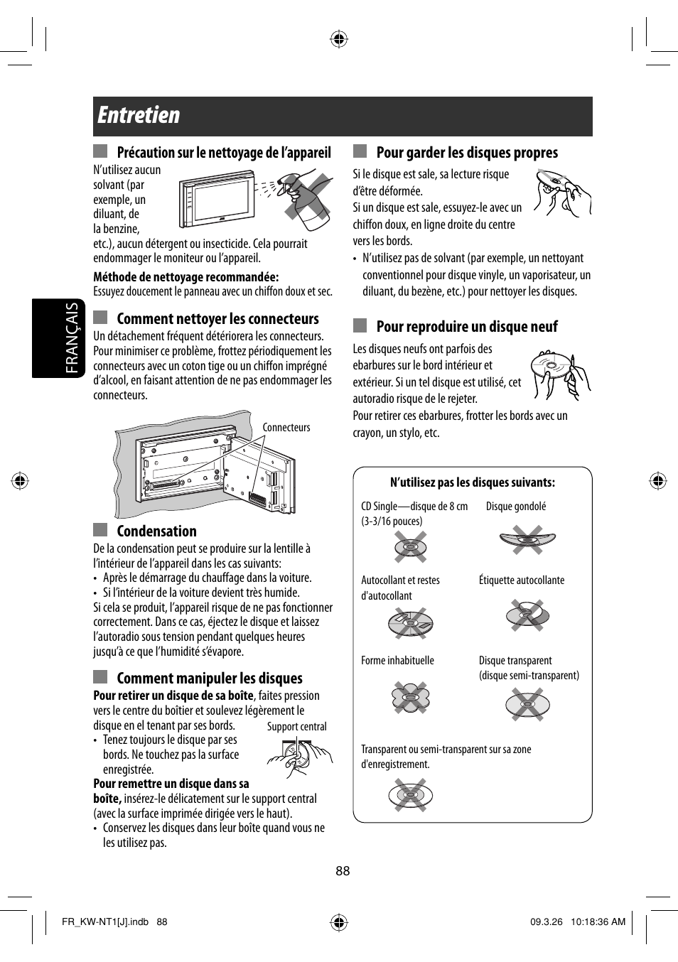 Entretien, Français, Précaution sur le nettoyage de l’appareil | Comment nettoyer les connecteurs, Condensation, Comment manipuler les disques, Pour garder les disques propres, Pour reproduire un disque neuf | JVC KW-NT1 User Manual | Page 282 / 293