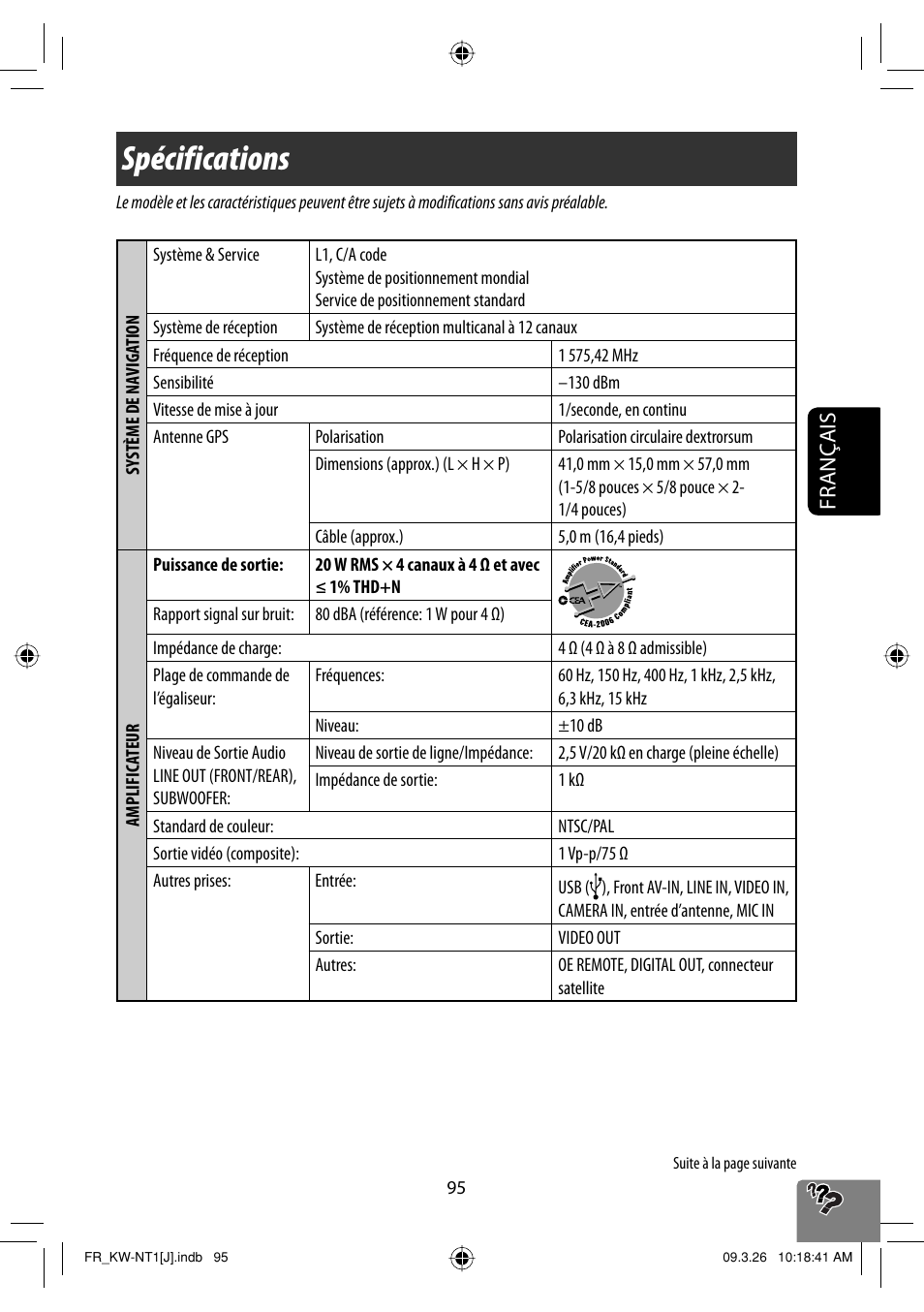 Specifications, Spécifications, Français | JVC KW-NT1 User Manual | Page 289 / 293