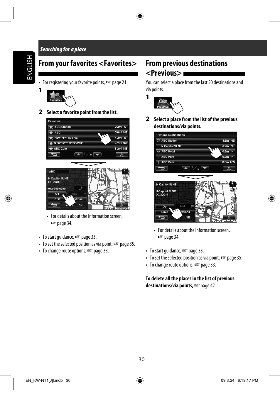 From your favorites <favorites, From previous destinations <previous, English | JVC KW-NT1 User Manual | Page 30 / 293