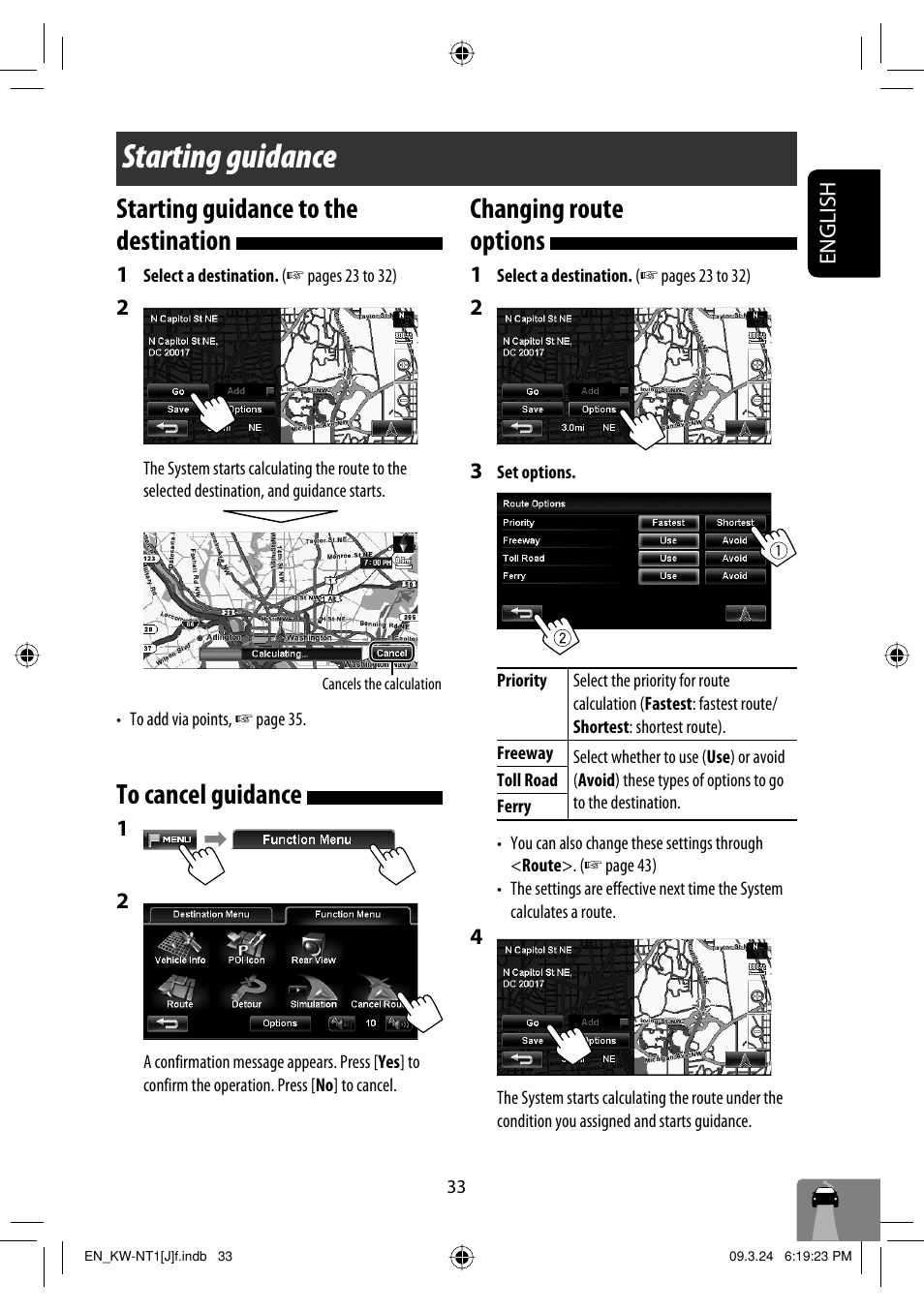 Starting guidance, Starting guidance to the destination, To cancel guidance | Changing route options | JVC KW-NT1 User Manual | Page 33 / 293