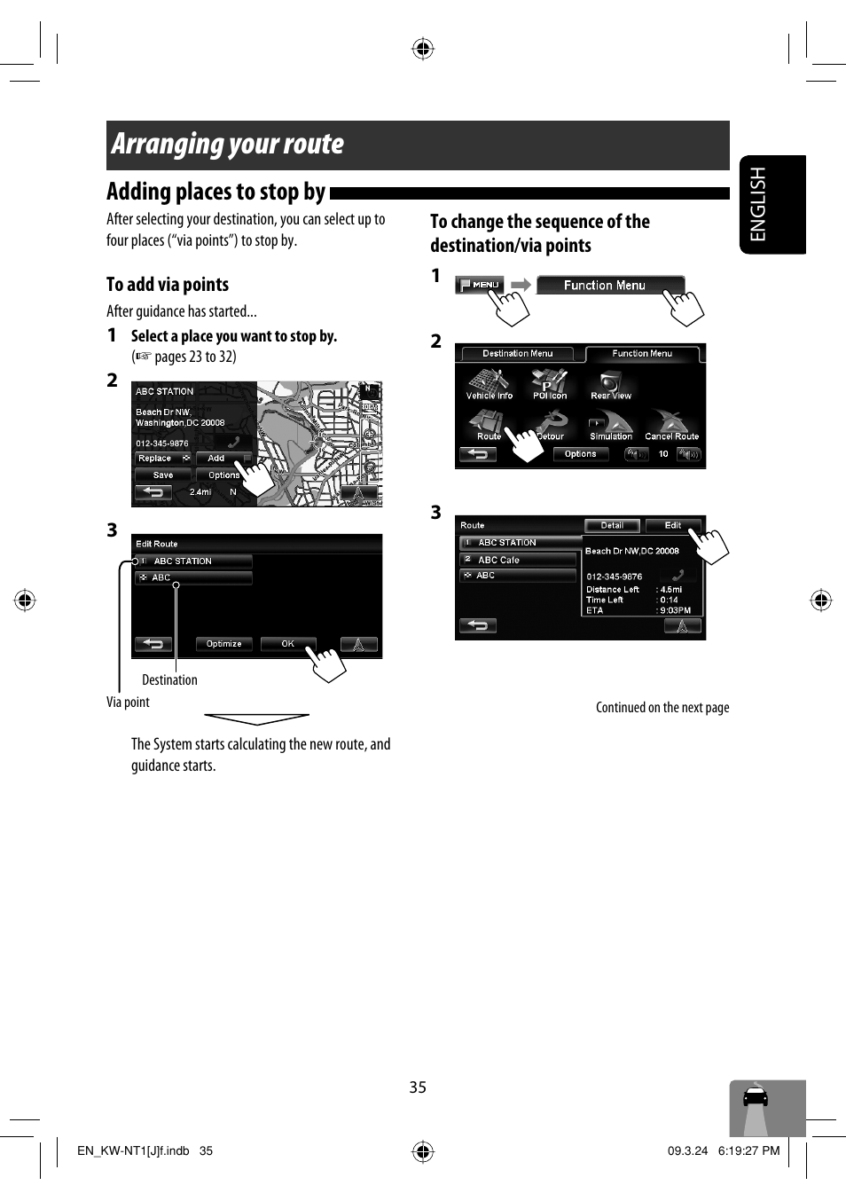 Arranging your route, Adding places to stop by | JVC KW-NT1 User Manual | Page 35 / 293