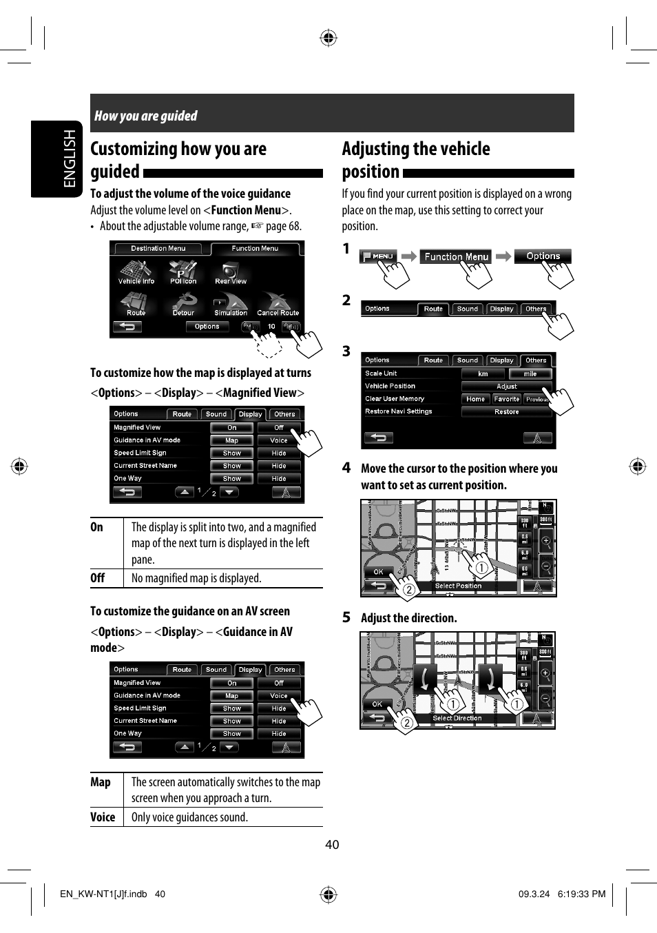 Customizing how you are guided, Adjusting the vehicle position | JVC KW-NT1 User Manual | Page 40 / 293