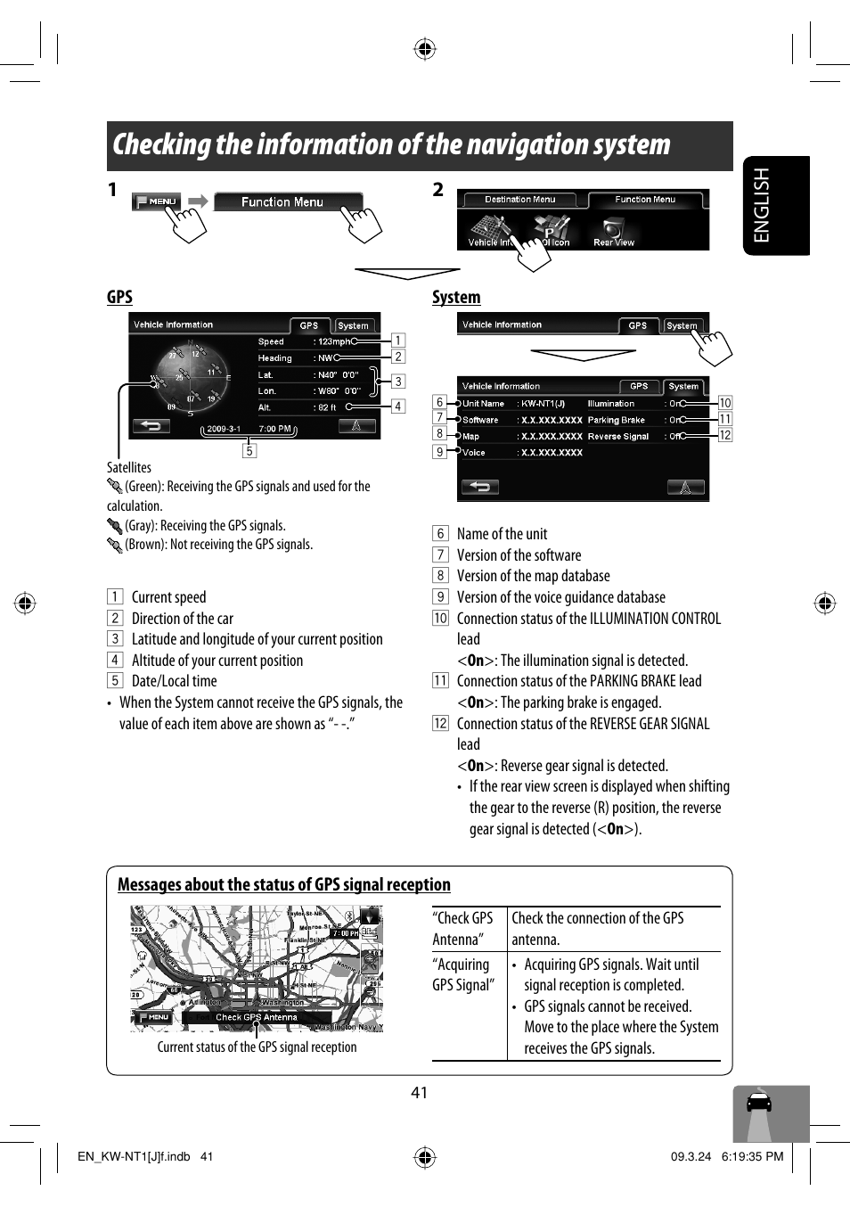 Checking the information of the navigation system, English | JVC KW-NT1 User Manual | Page 41 / 293