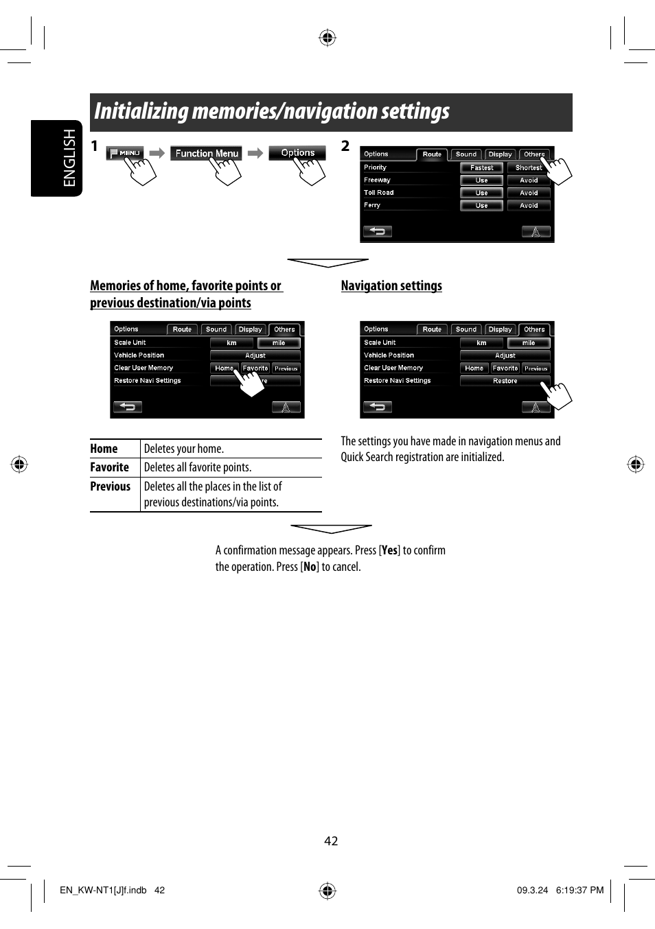 Initializing memories/navigation settings, English | JVC KW-NT1 User Manual | Page 42 / 293