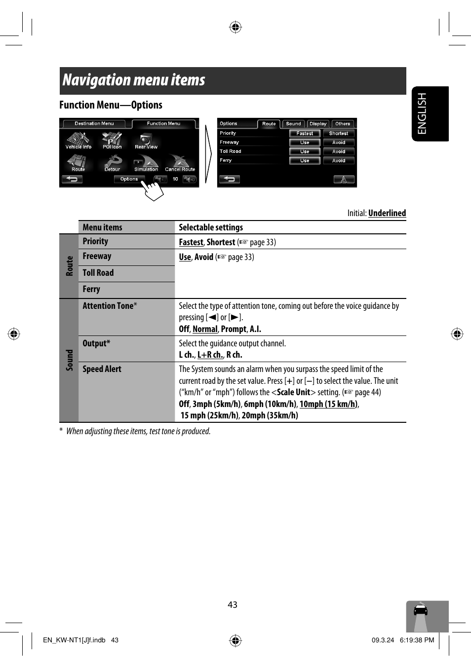 Navigation menu items, English function menu —options | JVC KW-NT1 User Manual | Page 43 / 293