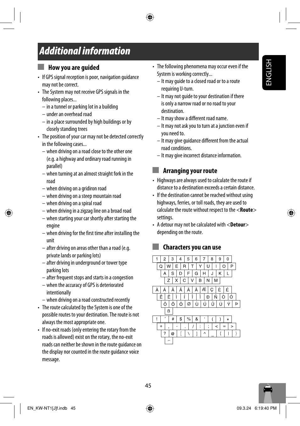 Additional information, English how you are guided, Arranging your route | Characters you can use | JVC KW-NT1 User Manual | Page 45 / 293