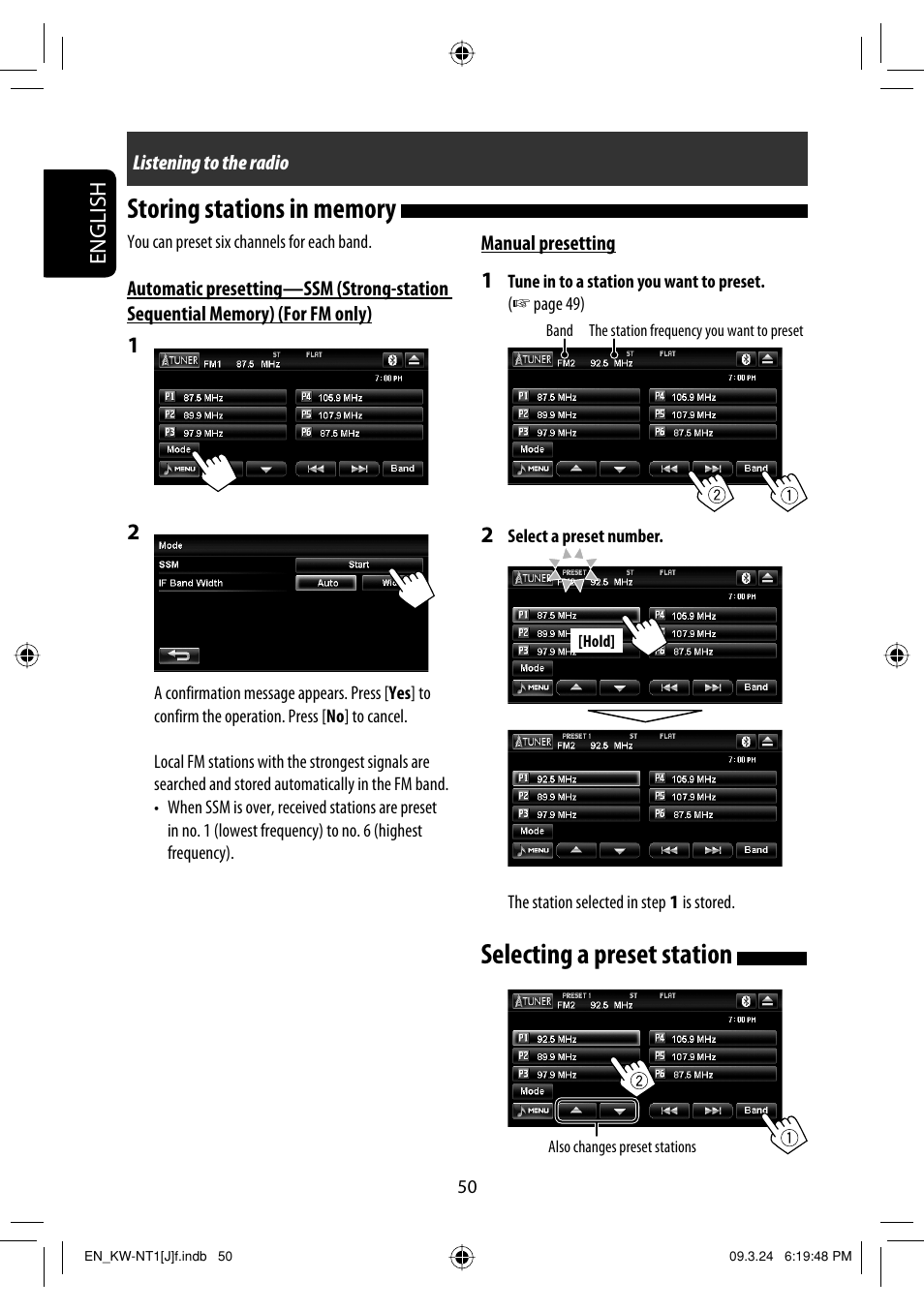 Storing stations in memory, Selecting a preset station, English | JVC KW-NT1 User Manual | Page 50 / 293