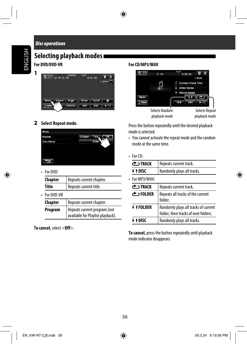 Selecting playback modes, English | JVC KW-NT1 User Manual | Page 56 / 293