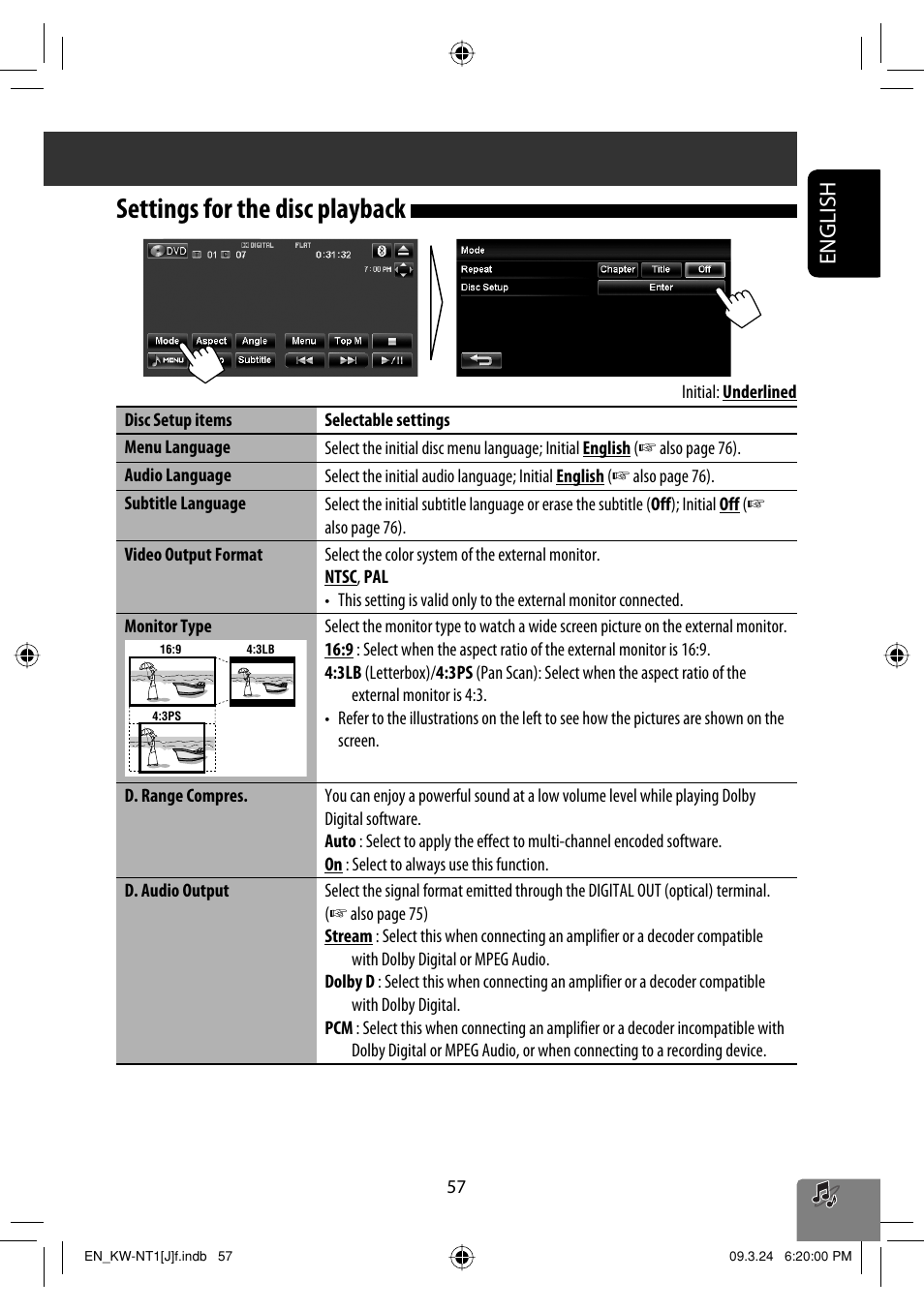 Settings for the disc playback, English | JVC KW-NT1 User Manual | Page 57 / 293