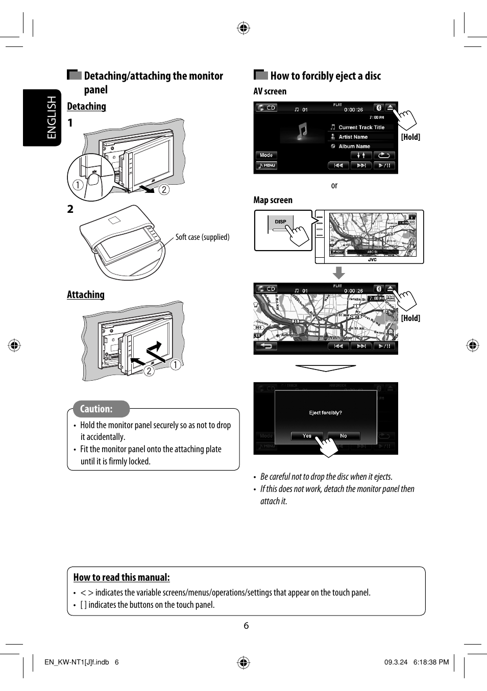 Detaching/attaching the monitor panel, How to forcibly eject a disc, English | JVC KW-NT1 User Manual | Page 6 / 293