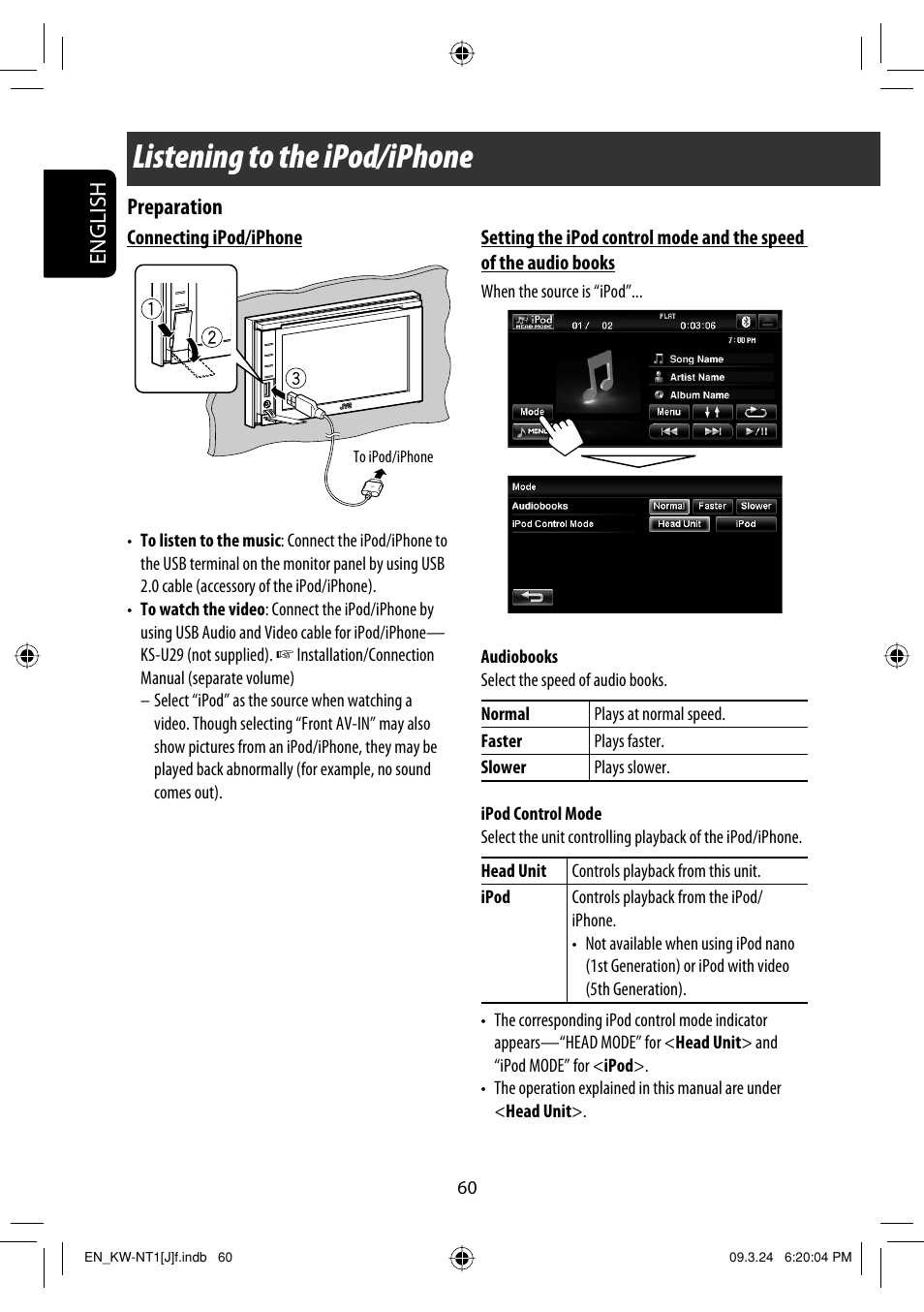 Listening to the ipod/iphone, English, Preparation | JVC KW-NT1 User Manual | Page 60 / 293