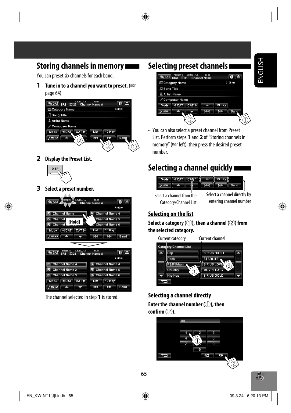 Storing channels in memory, Selecting preset channels, Selecting a channel quickly | English | JVC KW-NT1 User Manual | Page 65 / 293